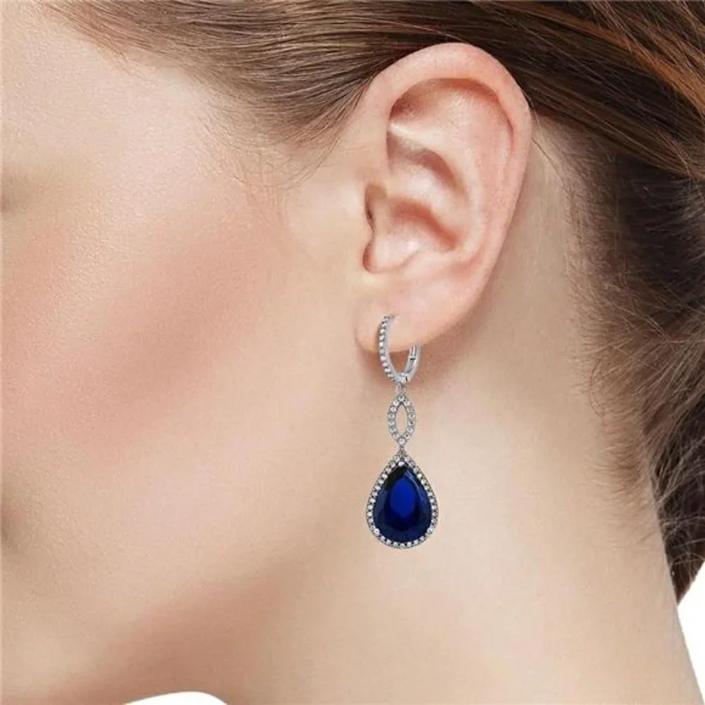 20.0 Ct Tw Sterling Silver 925 Sapphire Bridal Chandelier Teardrop Earrings